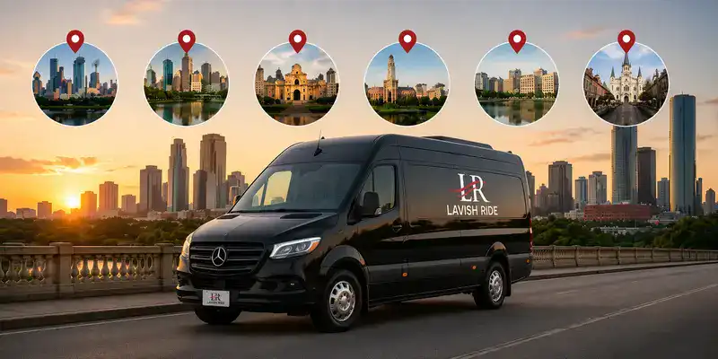 Luxury Lavish Ride Sprinter van with the official logo traveling beneath destination route icons representing popular intercity routes from Houston.